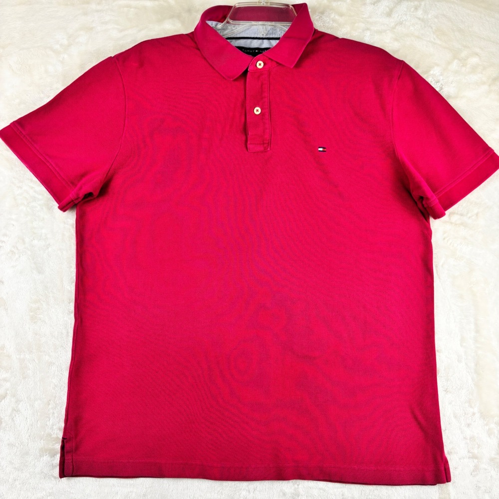 Tommy Hilfiger Shirt Mens L‎ Polo Mesh Classic Solid Magenta Pink Preppy Golf